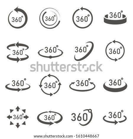 360 degree view glyph vector monochrome icons set. Panorama, camera viewing angles signs, virtual reality simple symbols pack. Figures and arrows collection isolated on white background