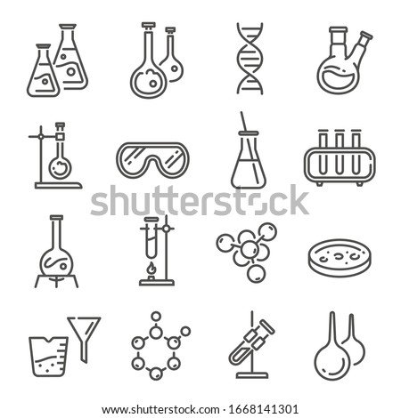 Chemistry line icon set. Collection of linear symbols - flasks and test tubes with chemicals for scientific experiments, laboratory glassware, lab tools or equipment. Monochrome vector illustration.
