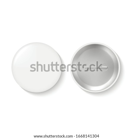 Blank pinback button or round badge isolate on white background. Metallic accessory with pin. Top and bottom views. Realistic vector illustration for promotional merchandise, advertising campaign. ストックフォト © 