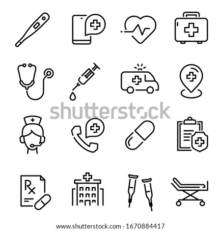 Medical care line art icon, professional symbol. Science, pharmacy and medic healthcare emblem collection. Vector medical symbol outline illustration