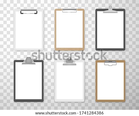 Clipboards with empty white paper sheets for business, education realistic set. Documents holders. Boards with different style clips vector mockups, templates isolated on transparent background.
