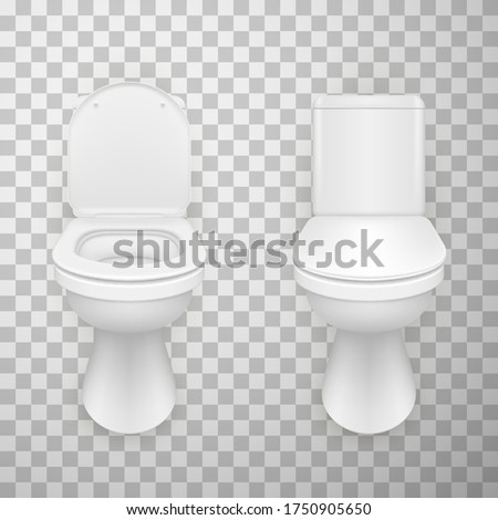 Flush toilet bowls with open and closed lid realistic set. WC pan ceramic white with seat up and down. Front view toilet bowls. Water closet clean vector illustration isolated on background.