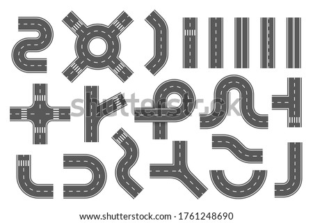Road segments, parts set. City, town highway, route map creation kit. Way constructor with roundabout, direction, turn, crossroad, intersection elements. Vector road icon collection isolated on white.