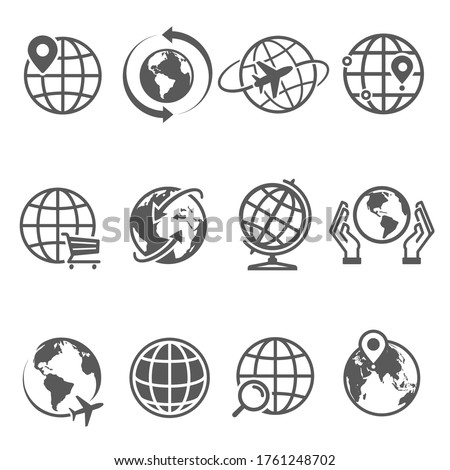 Globes line icons set isolated on white. Location on planet, around world, save Earth pictograms collection, logos. Global communication, worldwide delivery, news vector elements for infographic, web.