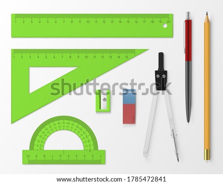 Stationery, school, office supplies realistic set. Sharpener, eraser, compasses, pen, pencil, straight scale, protractor, line gauge, square ruler. Vector school supplies isolated on white background.