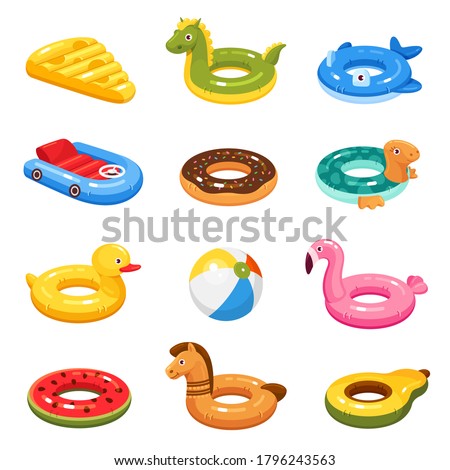 Inflatable swimming rings set for children. Floating cheese, dragon, dolphin, whale, car, donat, turtle, duck, ball, flamingo, watermelon, horse, pear. Swim tube. Vector collection isolated on white.
