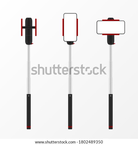 Selfie sticks with horizontal, vertical screen, display of smartphone, without it. Monopod hand grip pole for digital camera device realistic mockups. Mobile cell phone holder. Vector templates set.
