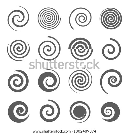 Spiral, helix line and bold black silhouette icons set isolated on white. Curl, curve stripe, twirl pictograms collection. Vortex, whirlpool, volute, swirl vector elements for infographic, web.