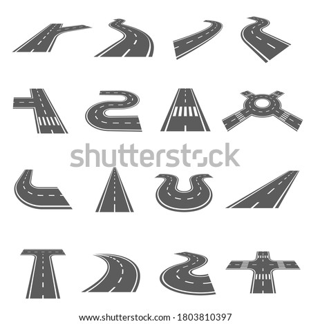 Roads elements set. Route map constructor. Crosswalk, intersection, fork, turning, bend, straight, roundabout, junction of roadway, highway. Vector roads icon isolated on white background.