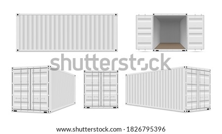 Shipping cargo containers with open, closed doors realistic set. Reusable large intermodal steel freight boxes for storage, transportation. Vector containers collection.
