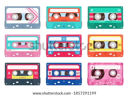Audio or compact cassettes set. Retro music symbol collection. Magnetic tape for old styled recorder, player. Musicassette, sound, nostalgia. Vector music cassette isolated on white background.