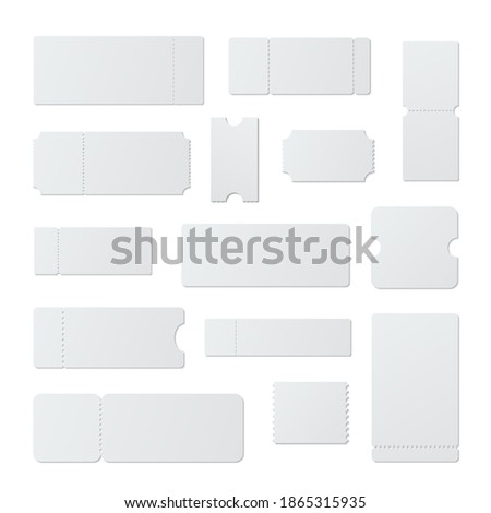 Ticket stubs with perforation holes different shaped realistic mockups set. Paper pass, carton permission to event blank empty templates. Vector ticket stubs collection isolated on white background.