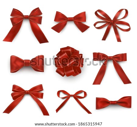 Red bows with single, double, multiple loops realistic set. Ribbons wide, thin for holiday gifts, present boxes, festive decoration, xmas web design. Vector Christmas collection isolated on white.