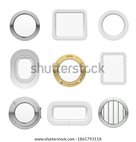 Metal and plastic portholes, metallic cabin technology. Vector realistic portholes illustration isolated on white background