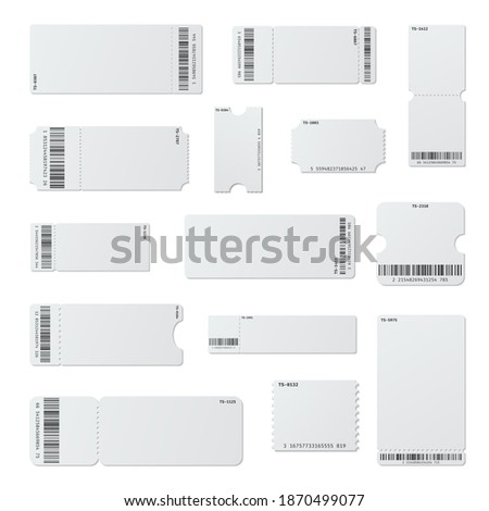Ticket stubs empty with barcode realistic templates set. Blanks for tear-off coupons. Season pass with digital identification. Gift cards, tickets mockups. Vector collection isolated on white.