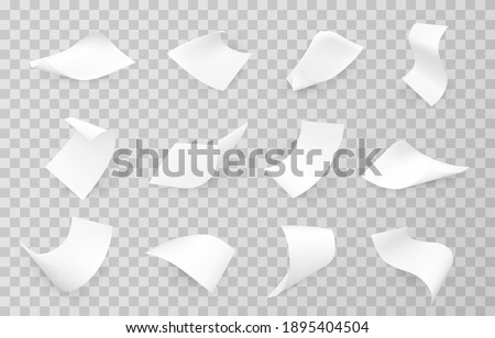 Paper sheets flying, falling realistic mockups set. Blank advertisement, announcement, document, empty shopping bill, till receipt, invoice template, layout. Vector sheets isolated on transparent.