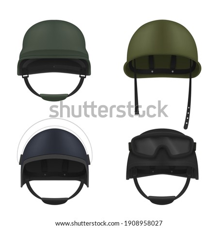 Military helmets realistic set. Soldier hardhat. War outfit. Army uniform elements. Protective headwear, headdress, cap. Vector helmets collection illustration isolated on white background.