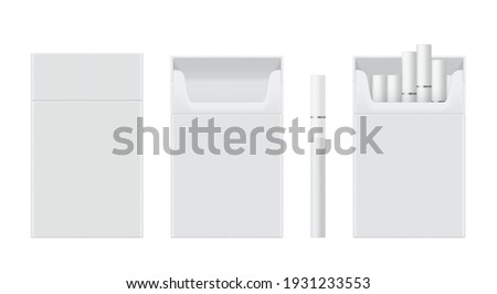 Pack or packet of cigarettes open, closed, empty, filled realistic mockups set. Copy space. Place for image. Front view. Vector smoking templates collection isolated on white background.