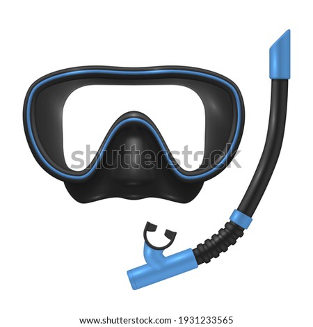 Diving mask and snorkel realistic icon. Underwater sport, entertainment equipment, gear. Costume element for immersion in water. Vector illustration isolated on white background.