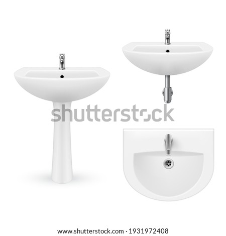 Collection of realistic white sink with faucet for bathroom and restroom vector illustration. Set of classic ceramic oval washbasins with water tap front top view isolated. Porcelain washstand