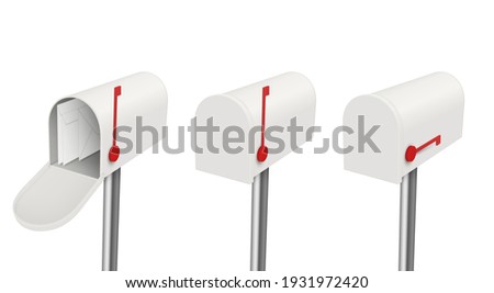 Set of open and closed mailbox with raised and lowered flag paper letters envelope inside vector isometric illustration. Collection of realistic modern boxes for delivery mail isolated on white