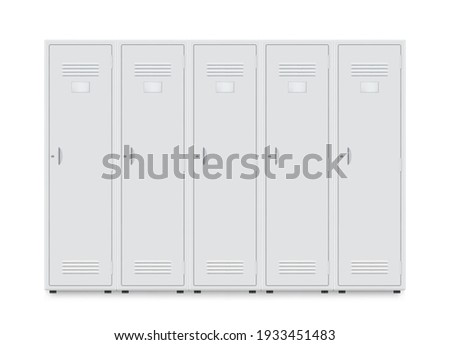 Metal locker storage cabinets for school, fitness club, gym, swimming pool realistic mockups. Wardrobe steel templates. Furniture store. Vector illustration isolated on white background.