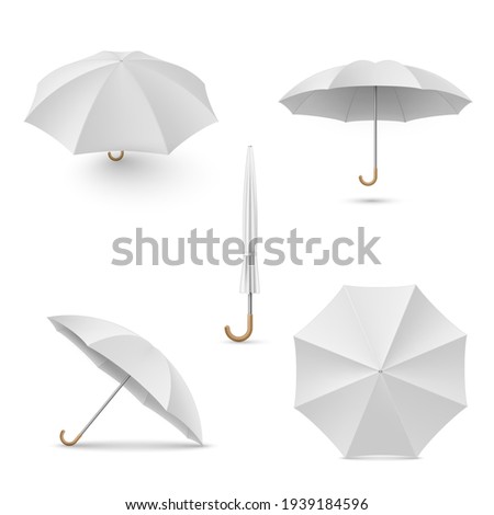 Collection realistic light gray umbrella various view positions vector illustration. Set of different open and folded parasols isolated on white. Stylish accessory for protection from rain or sunlight