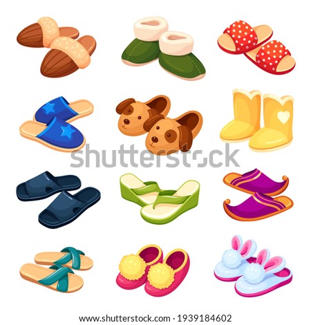 Set of colorful cartoon funny house slippers vector flat illustration. Collection of home footwear with cute animal muzzle isolated on white. Comfortable pair of foot garment. Fluffy leg fashion Stock foto © 