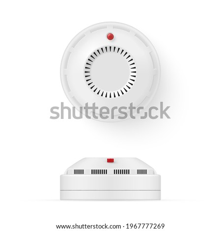 Realistic smoke detector top and general view vector illustration. Fire and gas security system for home or office isolated on white. Digital equipment for control, monitoring or protect safety