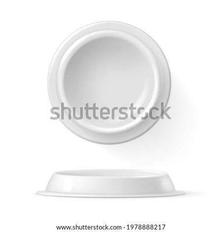 Set of realistic ceramic white pet bowl vector illustration. Utensil for feeding domestic animals isolated. Plate for cat and dog food drink design template. Empty eating accessory top and side view