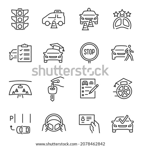 Driving school line icon set monochrome vector illustration. Simple linear logo learning car control vehicle drive isolated. Studying transportation education wheel, engine, key, rules, examination