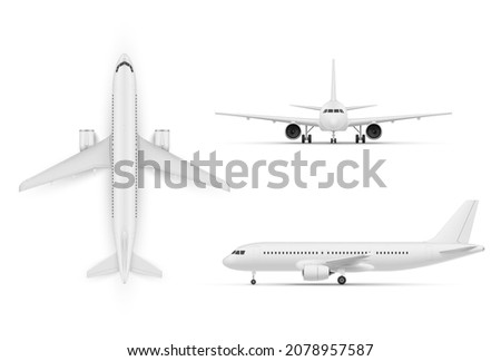 Realistic modern plane civil aviation transportation carrying passenger vector illustration. Flying airplane, jet aircraft, airliner front, top and side view isolated. Detailed vehicle with turbine