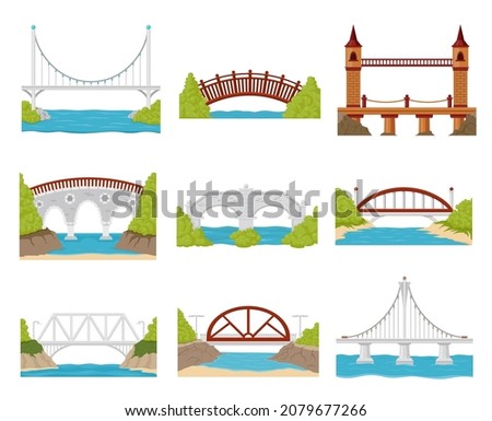 Construction river bridges set vector flat illustration. Collection metal, wooden, stones engineer architecture isolated. Industrial gate connection of two shores, highway, railway with column pillar