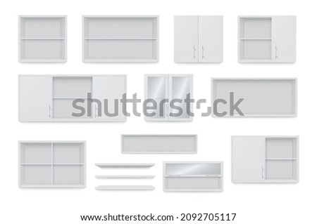 Realistic white wall cabinets and shelves collection vector illustration. Set modern empty personal things storage place with wooden and glass door for bathroom, wardrobe, shelf, bookshelf isolated