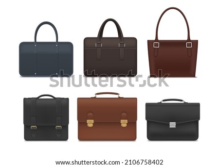 Realistic briefcase collection vector illustration. Stylish business accessories for paper documents, personal things, luggage carrying storage isolated. Businessman leather portfolio case with handle