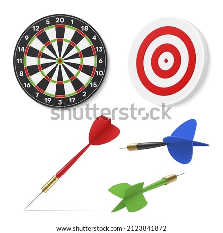 Realistic darts equipment collection vector illustration. Set of dart throwing boards with arrows competitive sport tools isolated on white. Round targets, striped dartboards for active hobby play
