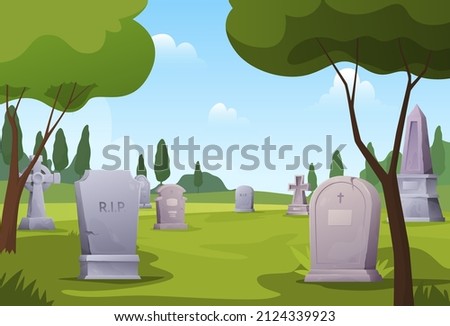 Old cemetery landscape at summer sunny day vector flat illustration. Natural scenery gravestones and memorials with RIP inscription. Peaceful graveyard with crosses surrounded by green lawn and trees