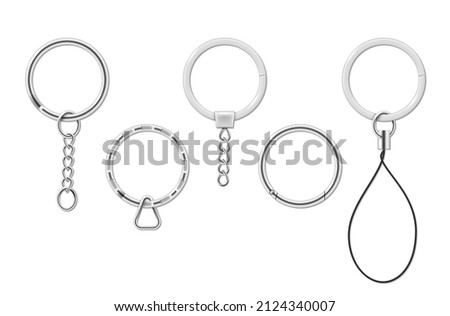 Realistic metallic keychain holders collection vector illustration. Set silver trinket keyring, keyholder, chain and breloque accessory for keys hanging isolated. Steel rounded ring 3d template