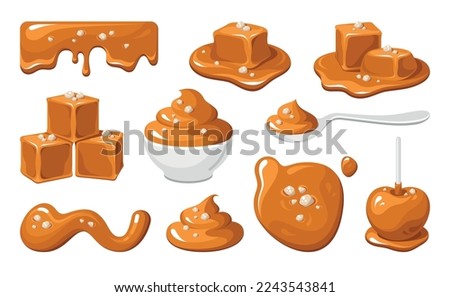 Salted caramel melting toffee sweet treat set isometric vector illustration. Liquid milk chewy candy in bowl stick spoon. Yummy whipped sauce for baking pastry dessert confectionery cooking