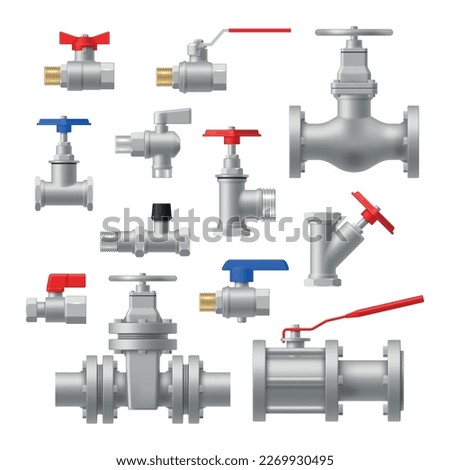 Valves and taps pipe plumbing engineering connection equipment set realistic vector illustration. Industrial pipeline system steel drain fitting element pressure production tube part different shape