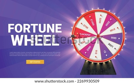 Fortune wheel gambling game internet advertising banner with start button realistic vector illustration. Jackpot lottery bet casino win chance gamble circle roulette number risk opportunity