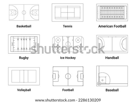 Sports team game playing fields scheme sketch top view line icon set vector illustration. Championship competition area football volleyball basketball tennis ice hockey rugby handball court zone plan