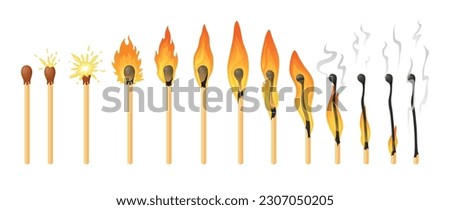 Burn matches stages burned flame matchstick row wood ignition isometric vector illustration. Flammable stick combustion sequential blow fire burnout ignite bright hot smoke sulfur wooden lighter