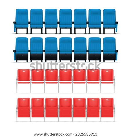 Stadium tribune with open and closed seats arena rows audience chair public competition set realistic vector illustration. Blue and red fan spectator section for seating looking stage game tournament