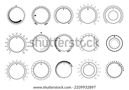 Sound controller interface circle button volume adjustment dial monochrome black line set vector illustration. Round level knob rotary control scale switch electronic element regulation audio settings