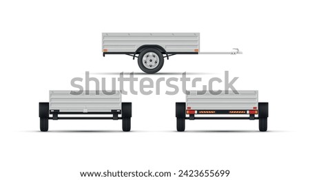 Single axle car trailer for cargo transportation side back front view set realistic vector illustration. Automobile semitrailer modern metallic caravan construction wheels vehicle cart freight moving