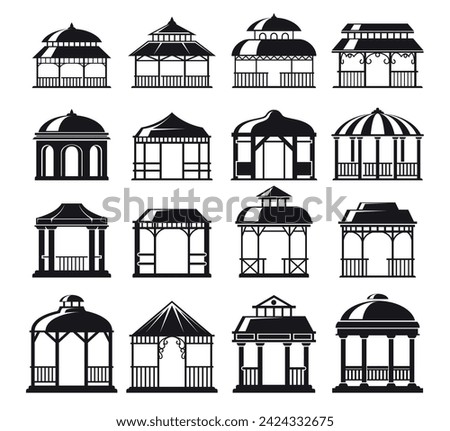 Gazebo of pergola garden bower shelter construction ornamental roof black set isometric vector illustration. Outdoor relax patio porch summer alcove decorative house for holiday wedding with arch pile