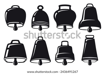 Cowbell black monochrome icon musical sound ring tone set vector flat illustration. Audio tune music bell different shape traditional jazz acoustic instrument small metallic equipment entertainment