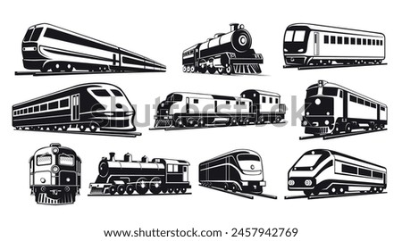 Modern and retro train silhouettes railways carriage black and white set isometric vector illustration. Locomotive vehicle for passenger and cargo transportation railroad travel machinery on rails