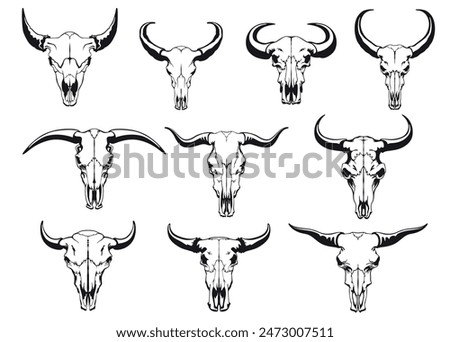 Buffalo skull hand drawn black silhouette cow head bone with horns set vector flat illustration. Cattle skeleton dead wild bull sheep goat mammal farm animal western minimalist tattoo sketch